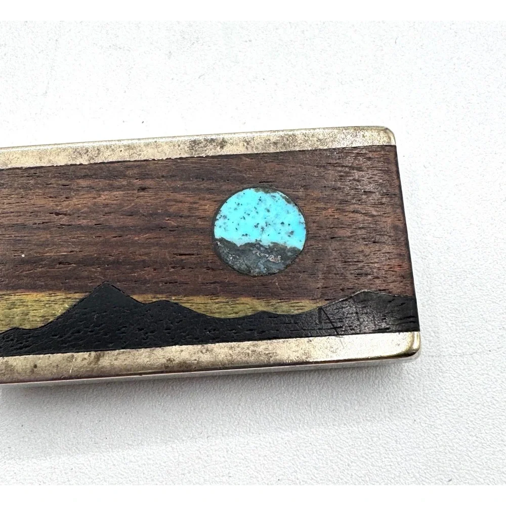 Vintage 1983 Sky West Turquoise Wood Inlay Mountain Landscape Money Clip Mens